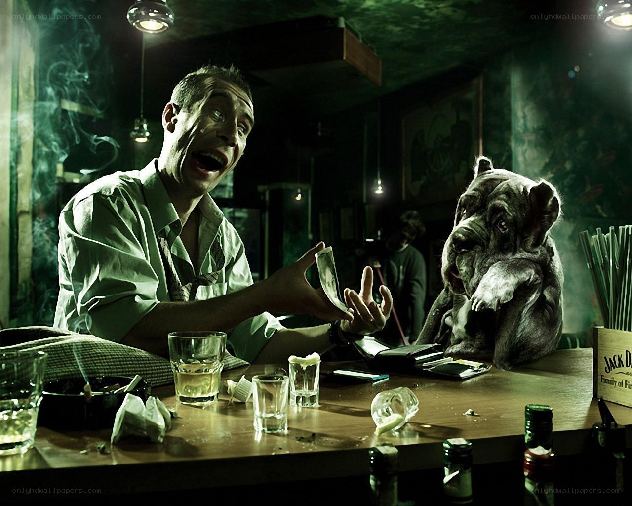 man and dog at a bar