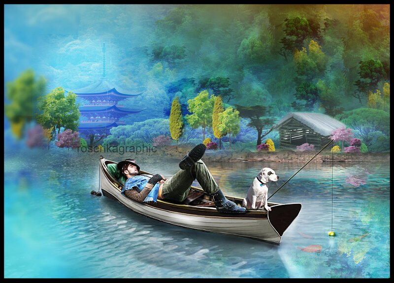 Man and Dog in Boat — Blue