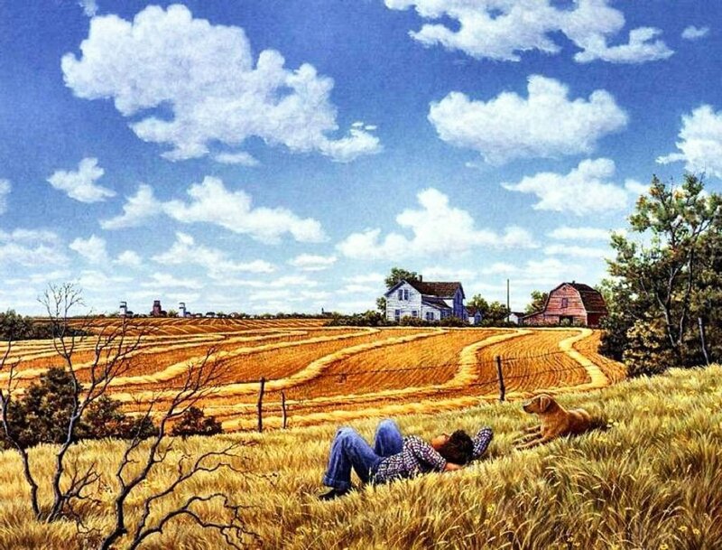Man and Dog in Field — Blue
