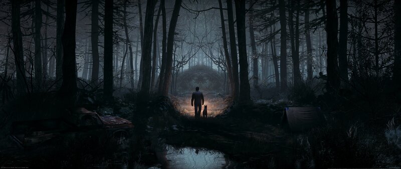 Man and Dog in Forest — Black