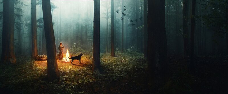 Man and Dog in Forest — Green