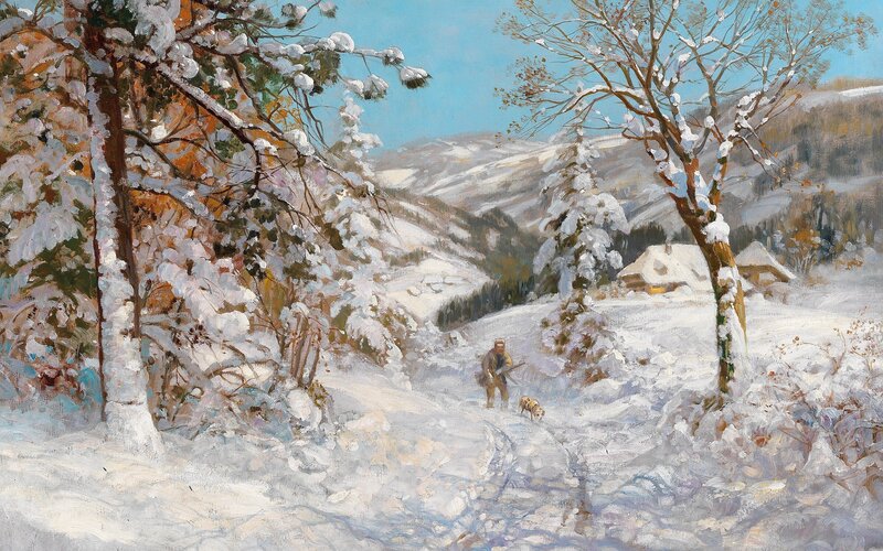 Man and Dog in Snow — White