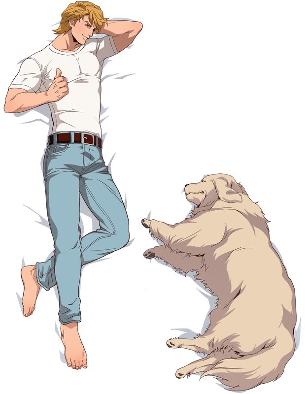 man and dog lying together