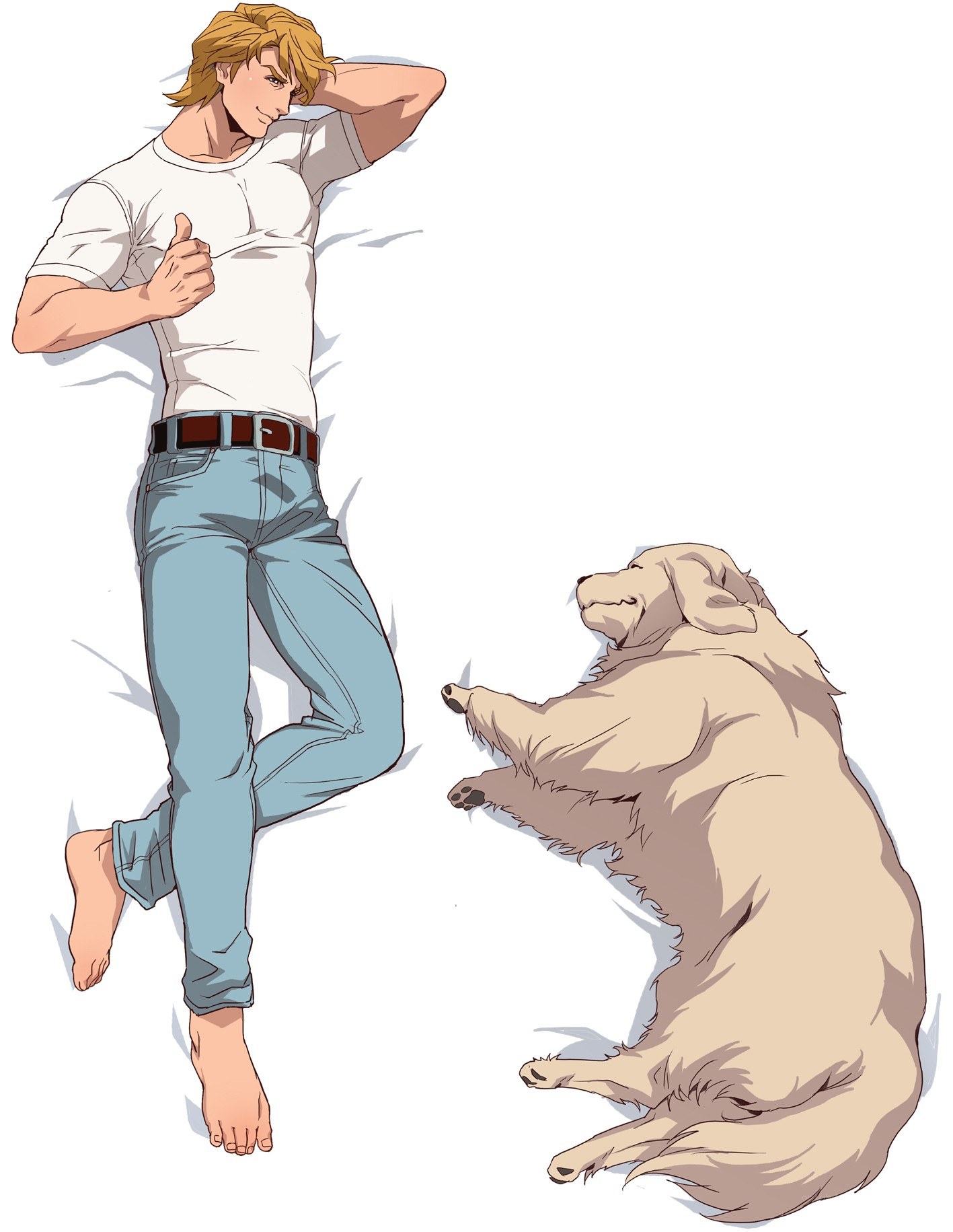 man and dog lying together