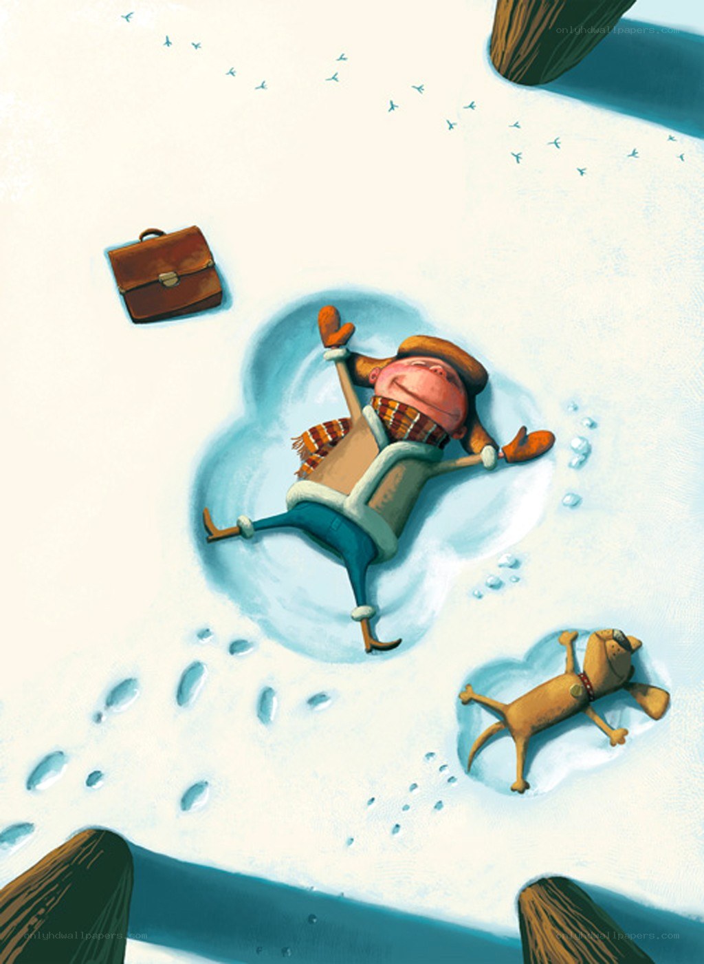 Man and dog making snow angels