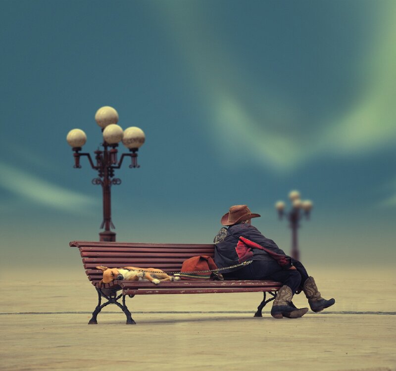 Man and Dog on Bench