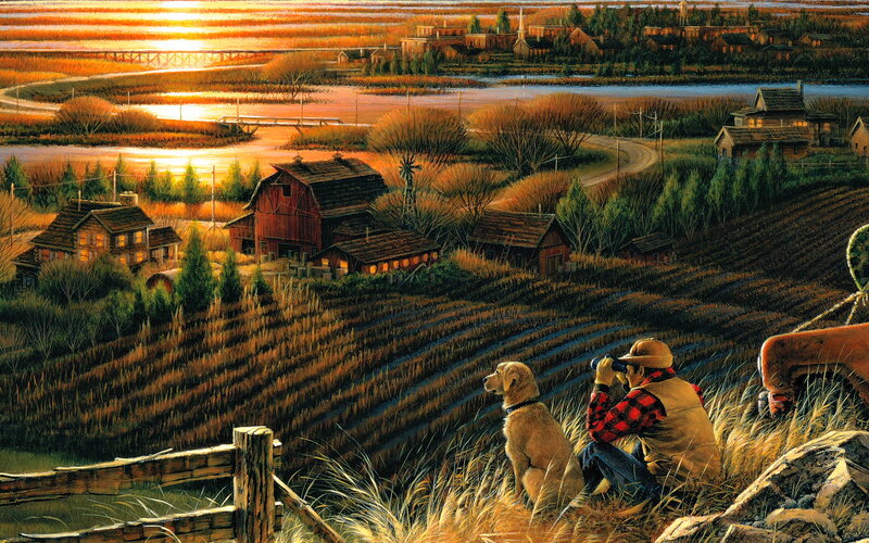 Man and Dog on Hill — Orange