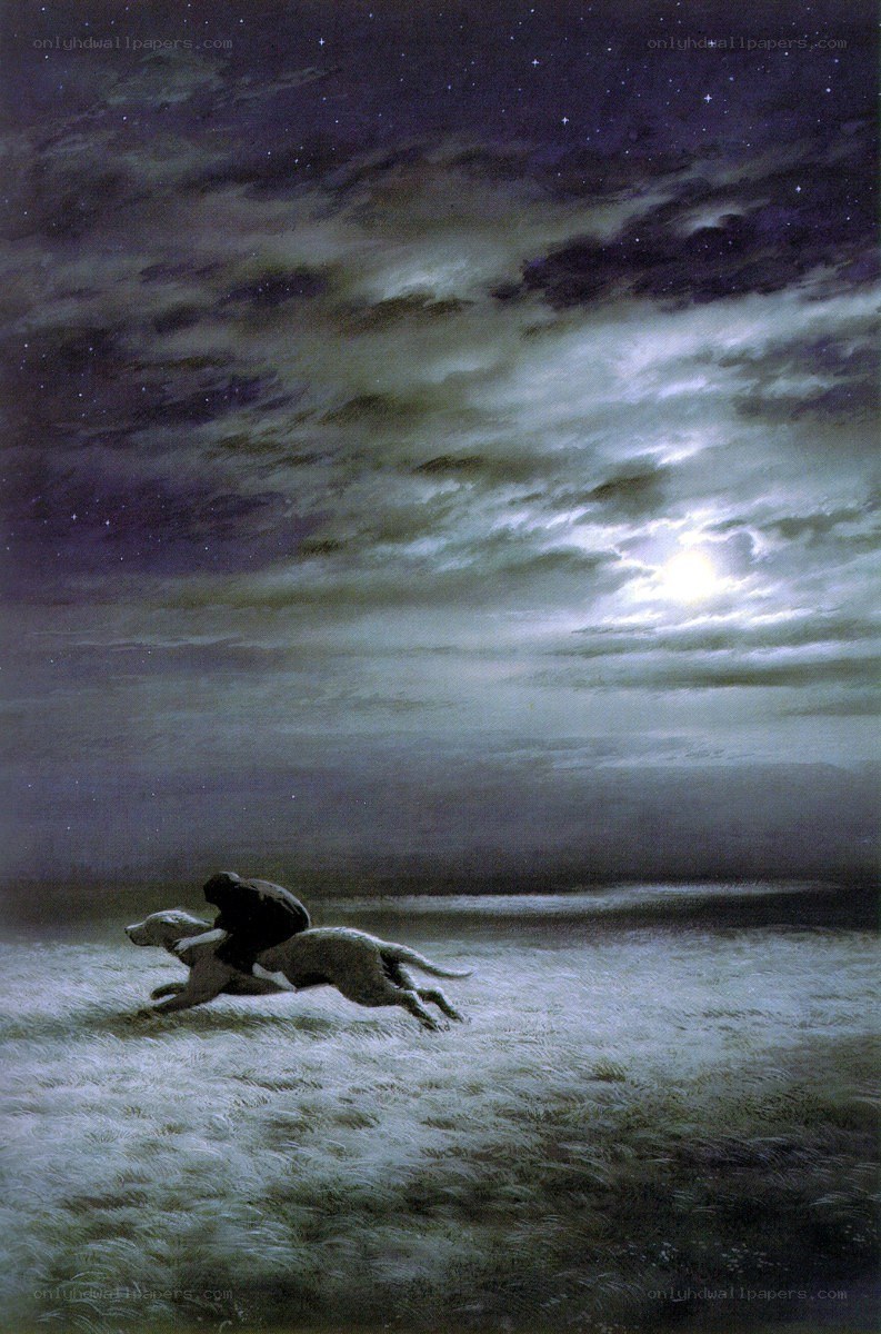 Man and dog running under moonlight
