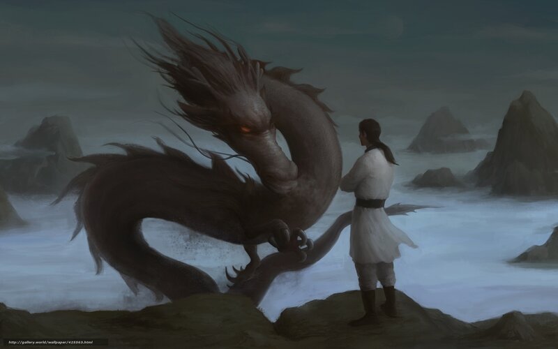 man and dragon on a rocky shore