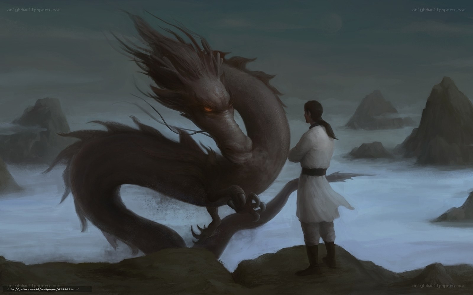 man and dragon on a rocky shore
