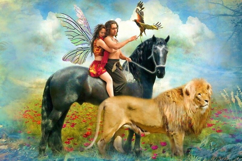 Man and Fairy on Horse — Blue