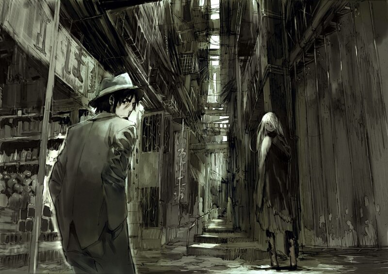 Man and ghost in alleyway
