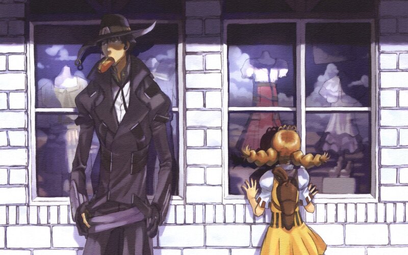 Man and girl by a shop window