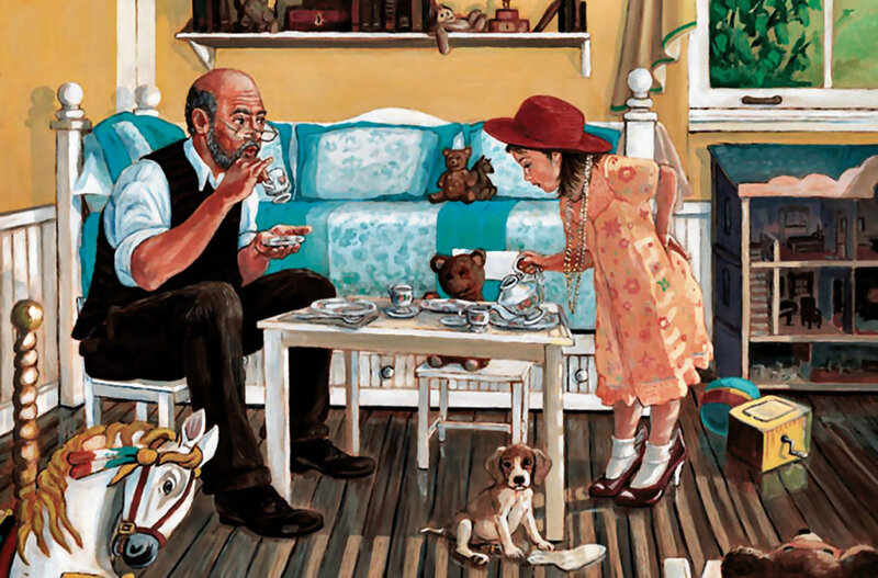 Man and Girl Having Tea — Yellow