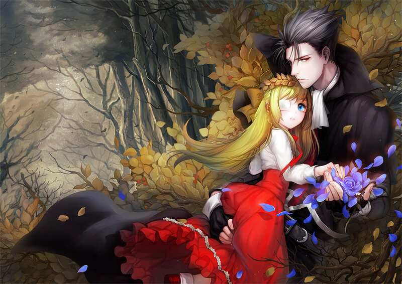 Man and Girl in Forest — Red