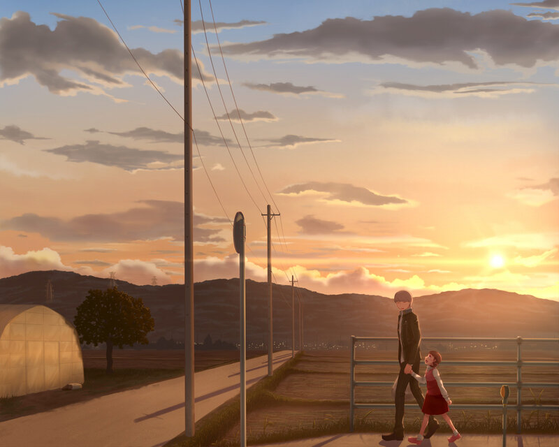 Man and Girl Walking — Orange, Serene