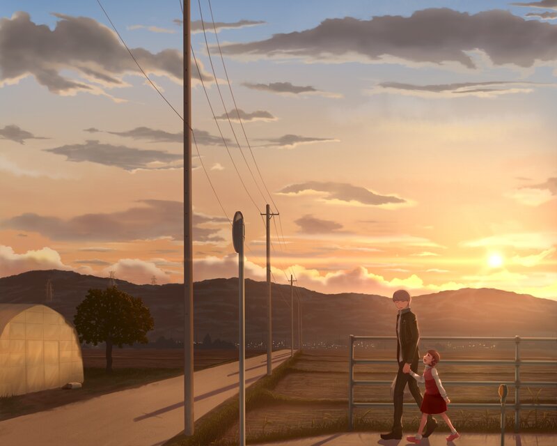 Man and Girl Walking — Orange