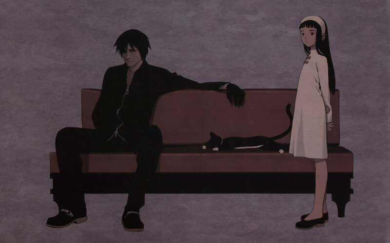 Man and girl with cat on couch