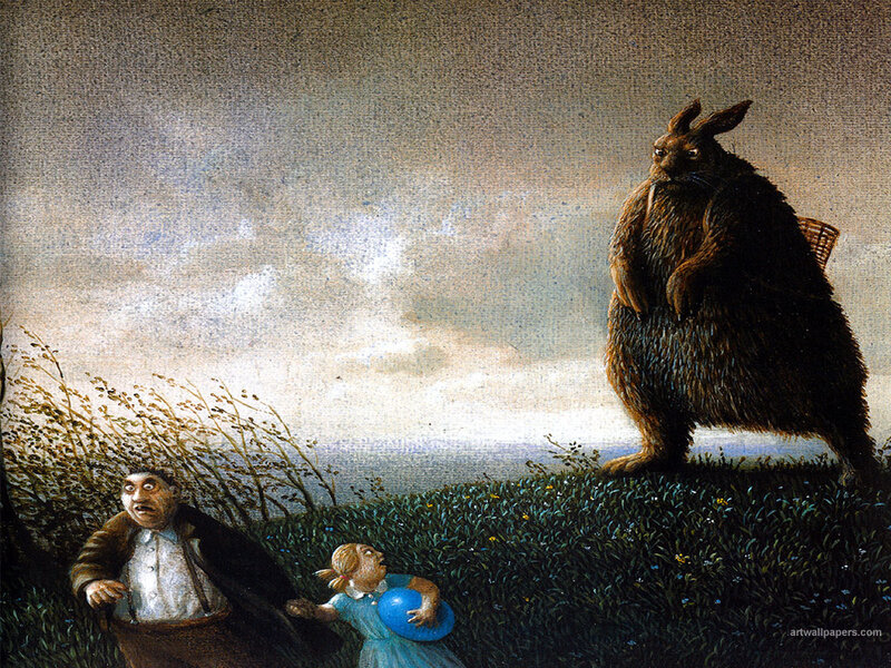 Man and girl with giant rabbit