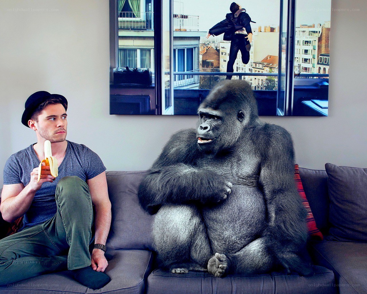 Man and gorilla on a couch