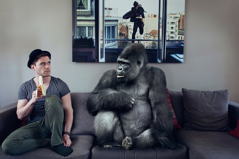 Man and Gorilla on Couch