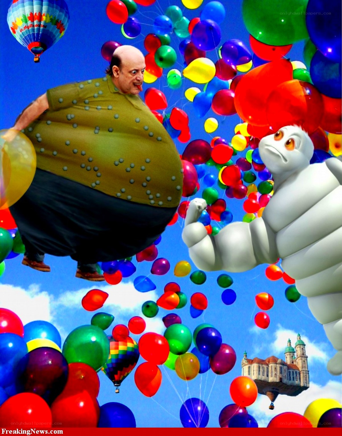 Man and mascot floating with balloons