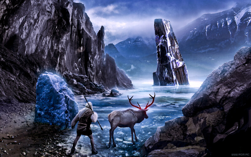 Man and Reindeer in Water