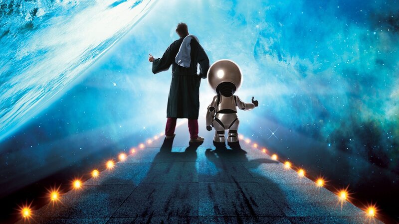 Man and robot on space path