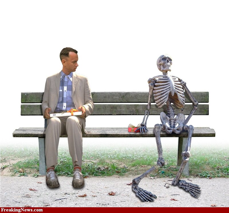 Man and Skeleton on Bench
