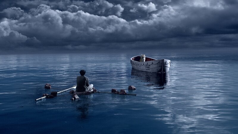 Man and Tiger in Boats — Blue