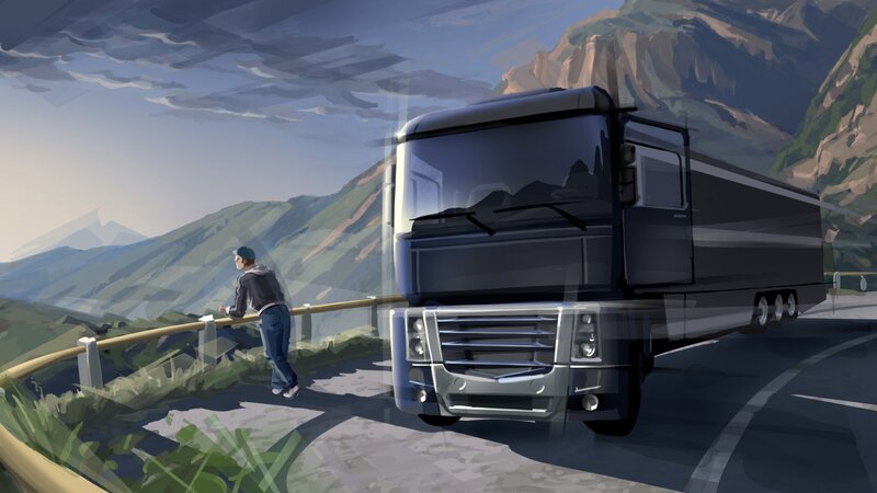 Man and Truck on Mountain Road