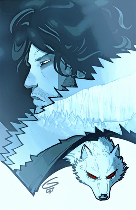 man and wolf in icy landscape