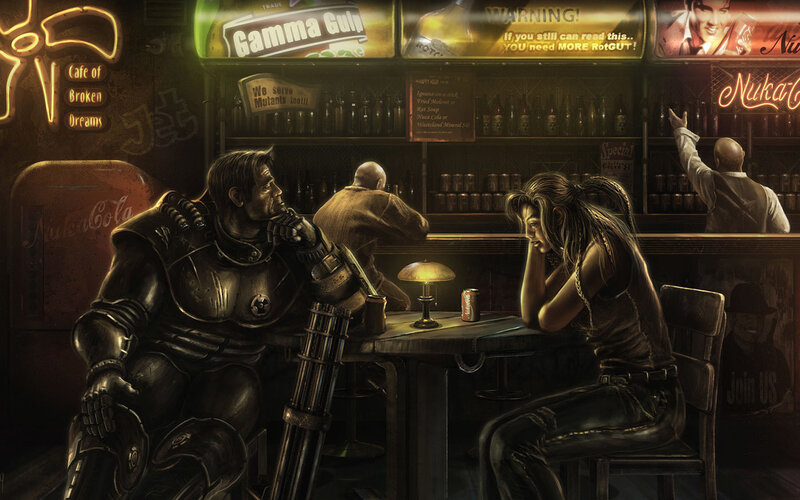 Man and Woman at Bar — Brown, Dramatic, Night, Digital Art, Armor, Nuka-cola