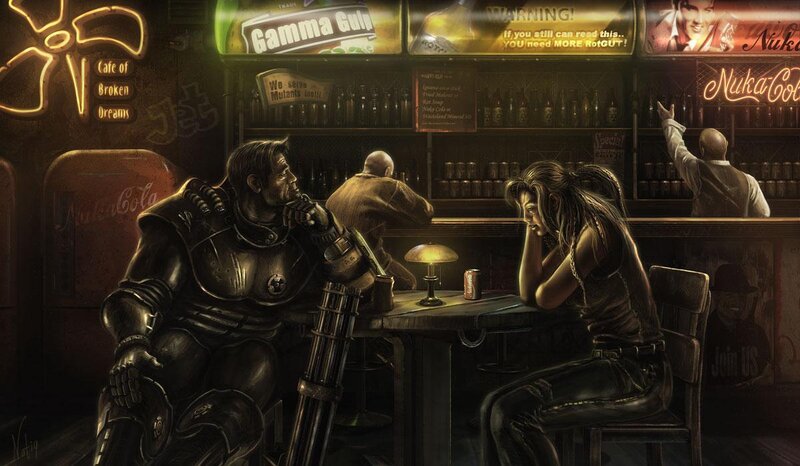 Man and Woman at Bar — Brown, Dramatic, Night