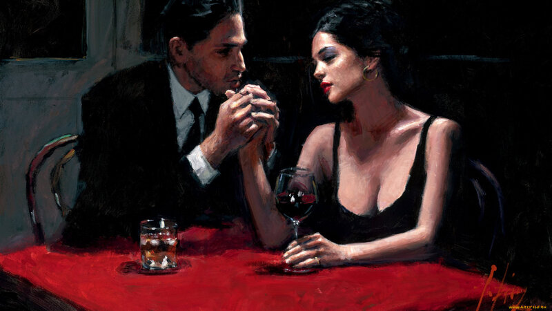 Man and Woman at Table — Red, Dramatic, Night