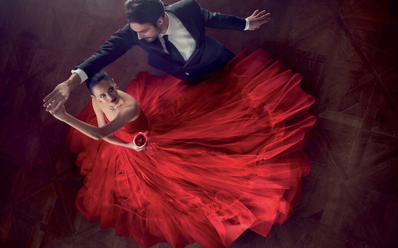 Man and Woman Dancing — Red, Dramatic, Photograph