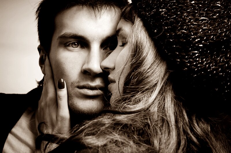 Man and Woman Embracing — Black, Intimate, Photograph, Hand, Hat