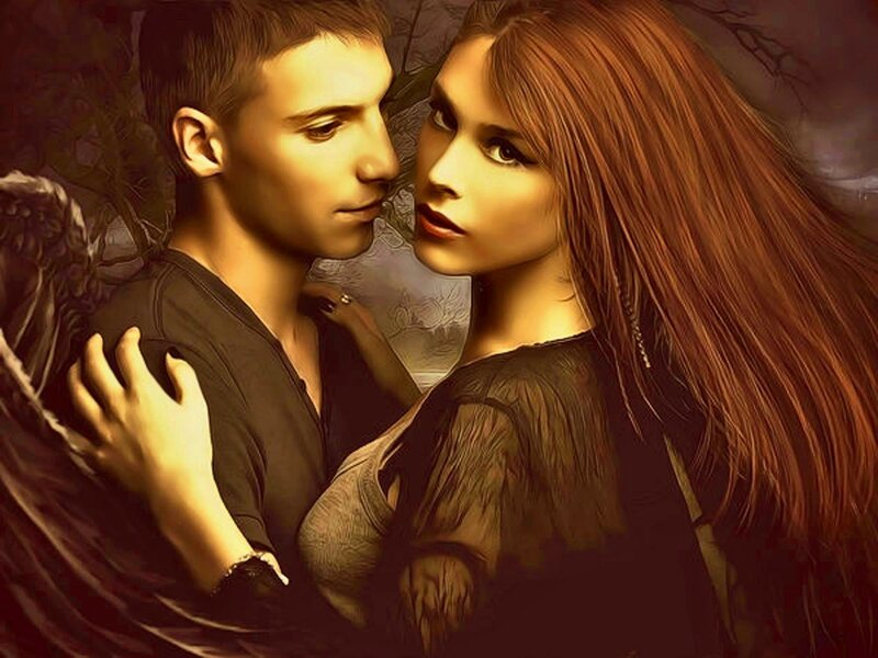 Man and Woman Embracing — Brown, Dramatic, Night, Digital Art