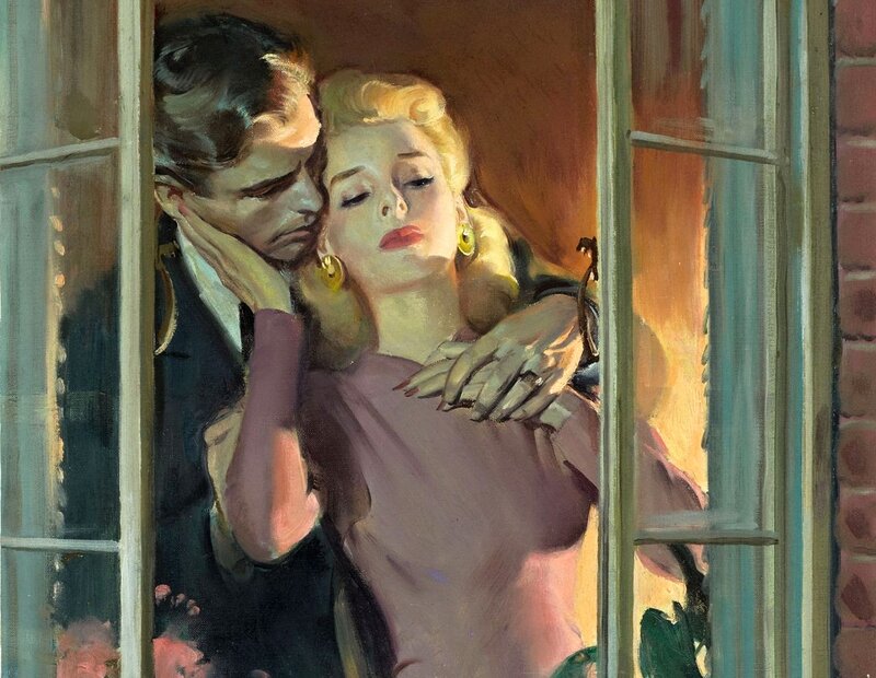 Man and Woman Embracing — Brown, Dramatic, Night, Painting