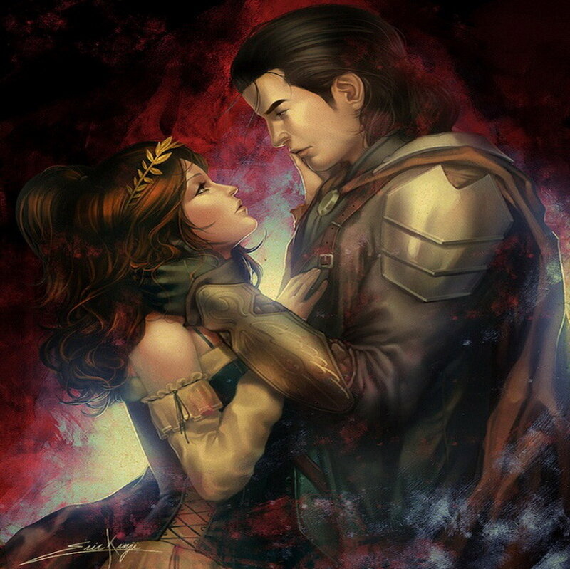 Man and Woman Embracing — Red, Dramatic, Digital Art