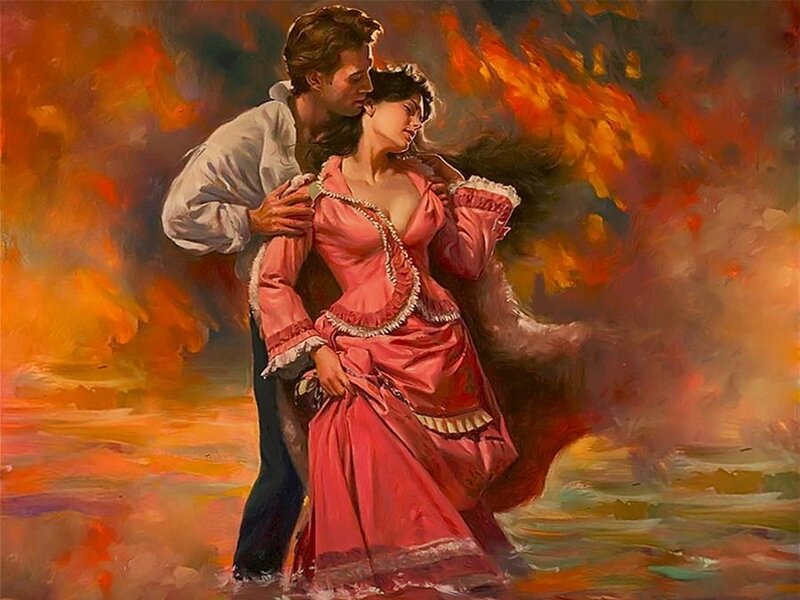 Man and Woman Embracing — Red, Dramatic, Sunset, Painting
