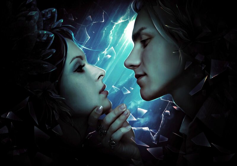 Man and Woman Facing Each Other — Blue, Dramatic, Digital Art
