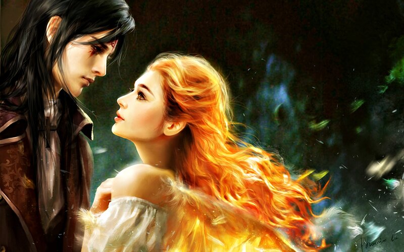 Man and Woman Facing Each Other — Orange, Dramatic