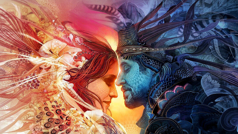 Man and Woman Facing Each Other — Red, Dramatic, Sunset