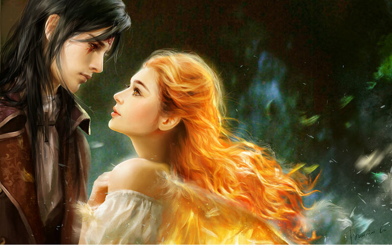 Man and Woman Facing — Orange, Dramatic