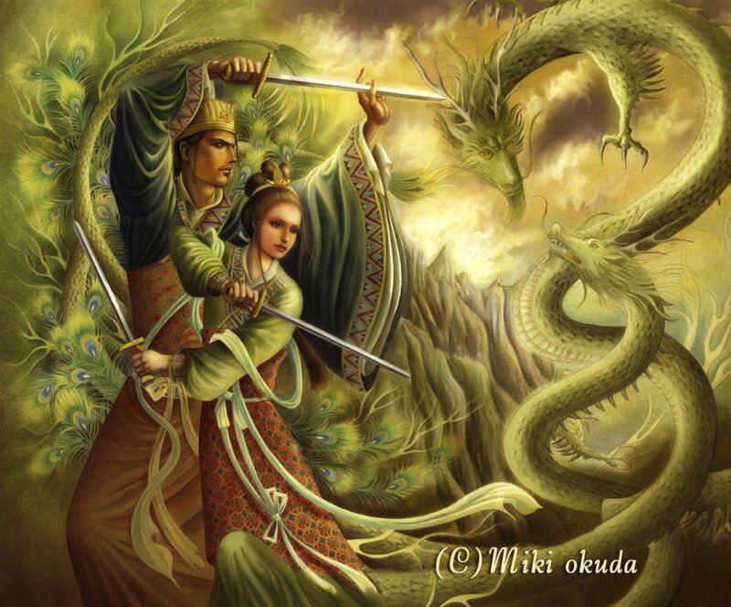 Man and Woman Fighting Dragons