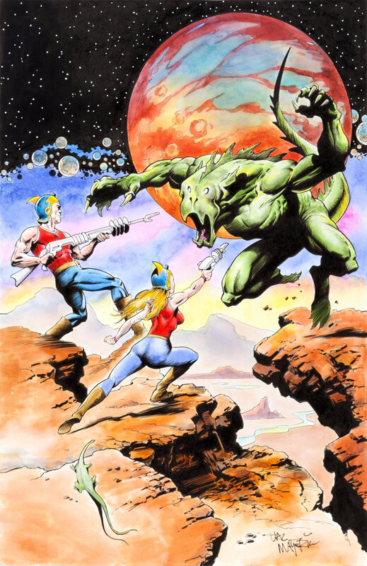 Man and Woman Fighting Monster — Green, Dramatic