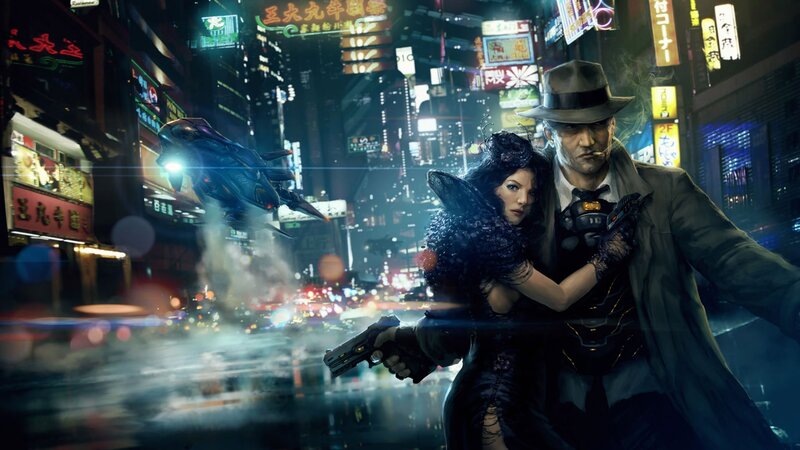 Man and Woman in City — Black, Dramatic, Night, Digital Art
