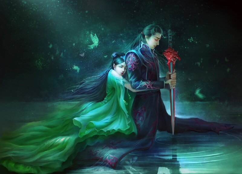 Man and Woman in Fantasy Scene — Green, Dramatic