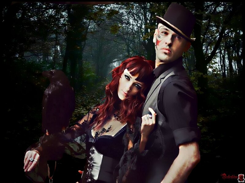 Man and Woman in Forest — Black, Dramatic, Night, Digital Art, Raven